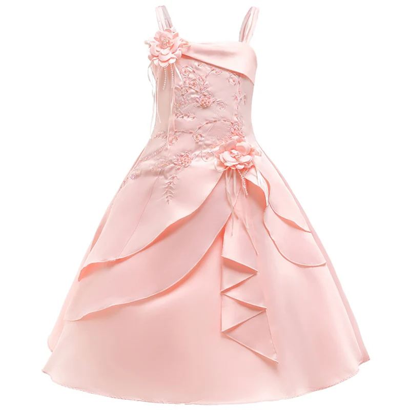 Детская одежда в европейском и американском стиле платье на бретельках для девочек высококачественное атласное свадебное платье принцессы с вышитыми цветами для девочек