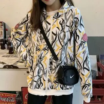 

Japanese Thorns Print Zipper Sweatshirts Women Spring Female Loose Long Slevee Hoodies Harajuku Casual Streetwear Couple Coats