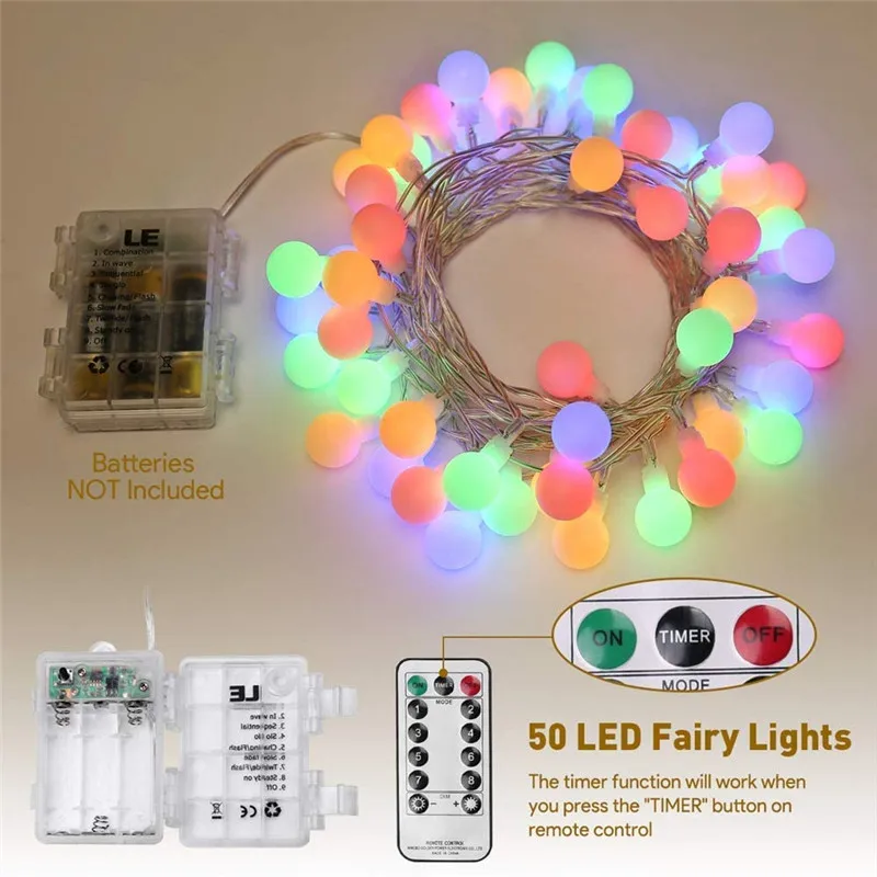 Cadena De Luces Para Exteriores Con Pilas, 5 M, 50 LED, 8 Modos, IP65, Impermeable, Diseño De Bolas Mate, Con Mando A Distancia Y Temporizador, Luces De Navidad Para Casa, Fiesta, Jardín