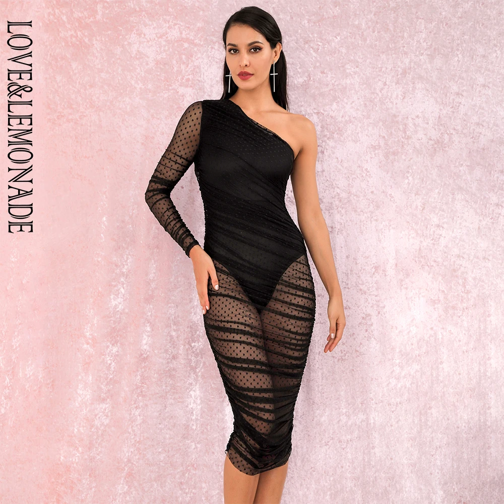 

LOVE&LEMONADE Sexy One Shoulder Black Dot Perspective Net Bodycon Pleat Over Knee Dress LM82140