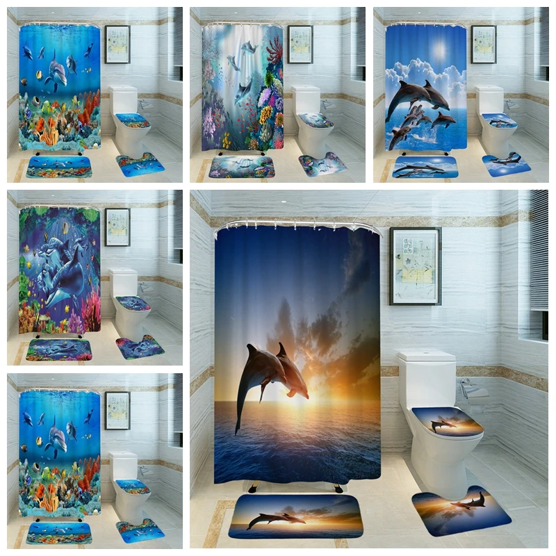 

3D Blue Ocean Dolphin Octopus Jellyfish Bathroom Shower Curtains Non-Slip Bath Mat 4PC Set Pedestal Rug Lid Toilet Seat Cover