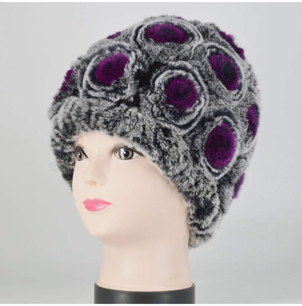 Winter Rex Rabbit Fur Hat Women Knitted Natural Rex Rabbit Fur Flowers Beanies Hats Warm Soft Real Rex Rabbit Fur Caps