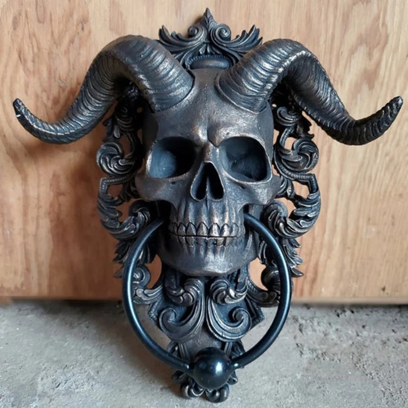 Home Decoration Door Knocker Door Pull Handle Retro Demon Horned Skull Resin Drop Ring Door HandleRing Wall Art Decorative