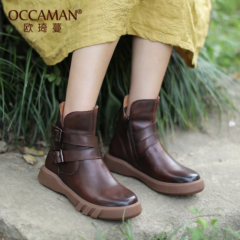 

Handmade Leather Plush Short Boots Female Retro Anti-slip Flat Women's Shoes Buckles Martin Boots 74063