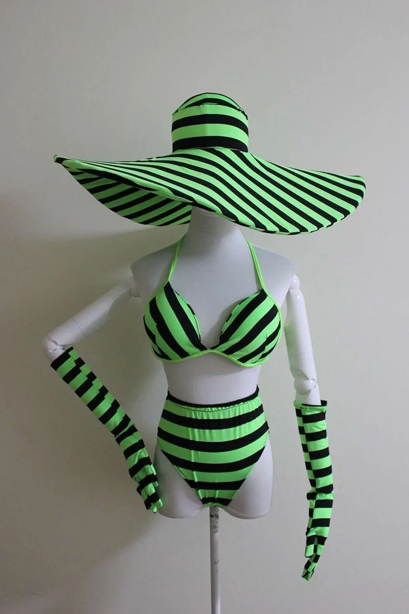 WHITNEY WANG Fashion Striped Bikini Sets with gloves and Big Hat Women Singer Dancer Costume Party Dresses Stage Show Wear