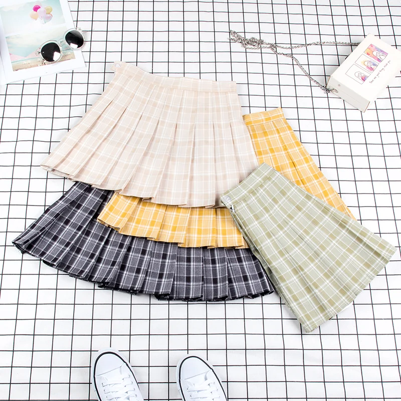 Летняя плиссированная юбка с высокой талией в стиле Харадзюку, однотонная клетчатая юбка трапециевидной формы, Матросская юбка в Корейском стиле, мини-подъюбник для девочек