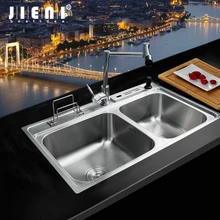 JIENI Матовый никель Kithcen раковина двойные раковины 304 нержавеющая сталь умывальник раковина 360 Поворотный Твердый латунный кухонный кран смеситель