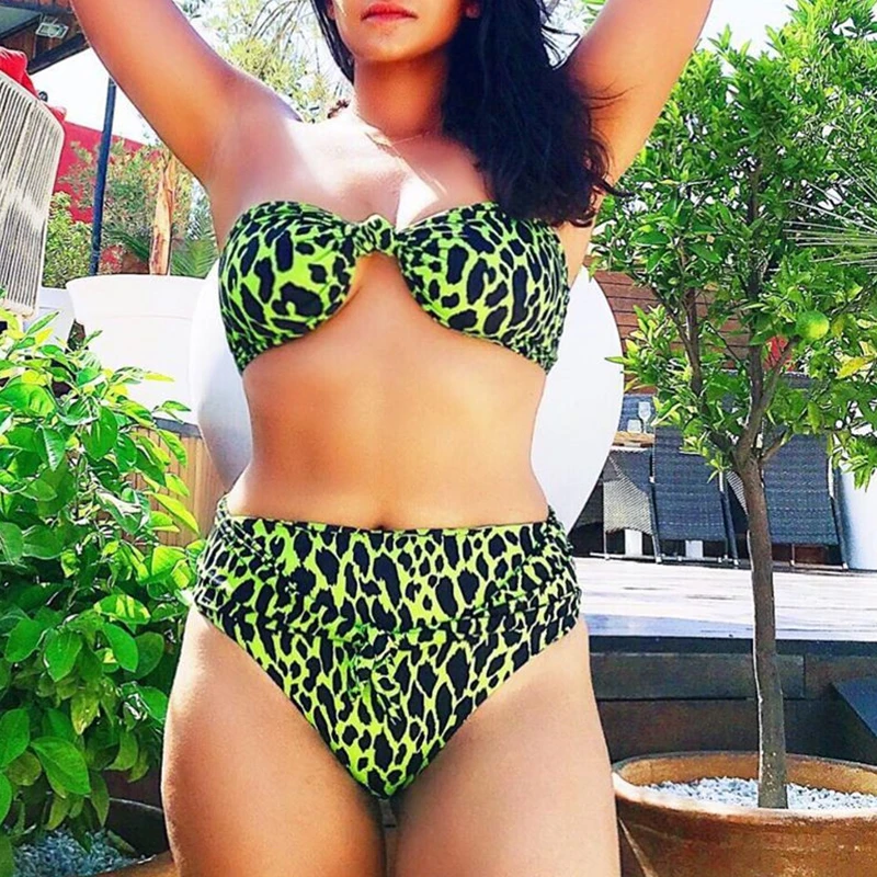 High waist bathing suit Leopard print bikini set Knot swimwear women Sexy Bandeau swimsuit female Bandage biquini monokini