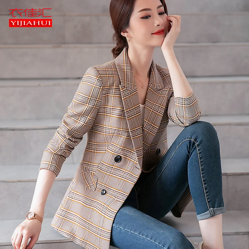 

Plaid Small Suit Coat Women's Korean-style British Style Spring And Autumn New Style Elegant Mid-length Slim Fit Double Breasted
