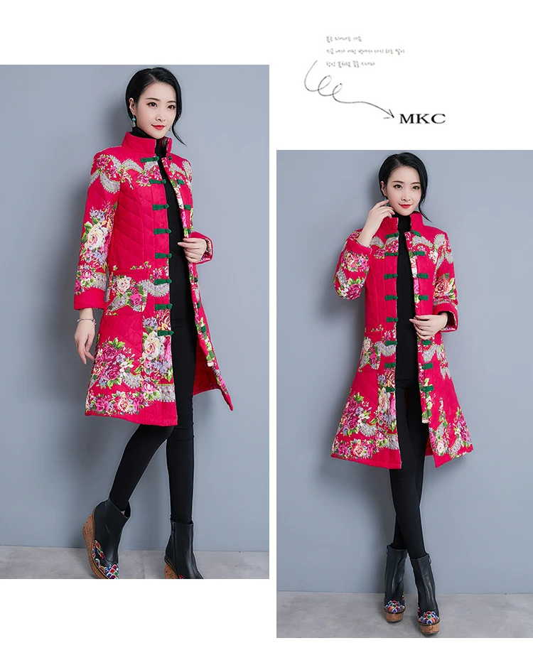 Autumn And Winter New Style Ethnic-Style Large Size Dress Frog Waist Hugging Slimming Mid-length Printed Cotton-padded Clot