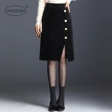 Осенняя и зимняя Золотая Вельветовая юбка, Корейская версия, новая юбка с разрезом, однобортная, тонкая, сексуальная юбка, vestidos