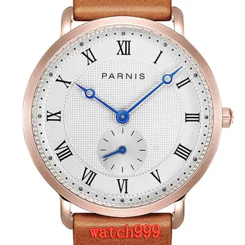 

Parnis 40 mm White dial Blue pointer Fashion Rose gold case Quartz men's watches brown Leather strap casual men's Wristwatches