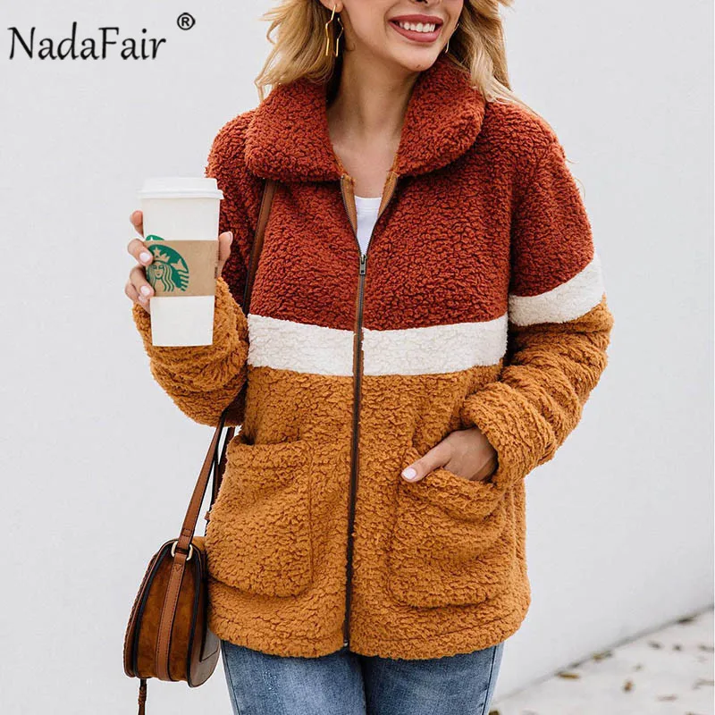 

Nadafair Casual Teddy Coat Women 2019 Autumn Winter Patchwork Fleece Faux Fur Coat Female Thick Warm Plush Jacket Coat