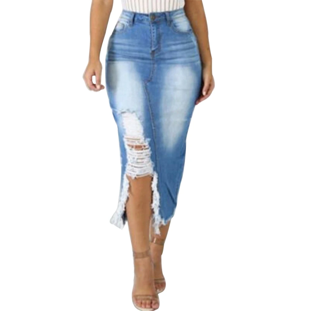 

Women Skinny Jeans Skirts Sexy High Waist Mid Calf Ladies Skirt High Street Ripped Denim Skirt Casual Bodycon Pencil Skirt