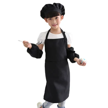 

Kids Full Apron Bib Set with Pocket and Hat Sleeves Craft Kitchen Chef Cooking Art Children Diy Apparel Black