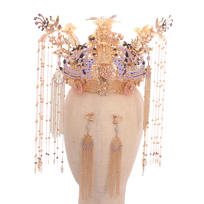 NiuShuya роскошная китайская традиционная диадема феникса длинная кисточка Hairwear Cheongsam свадебный головной убор свадебные аксессуары для волос - Окраска металла: crown earring set