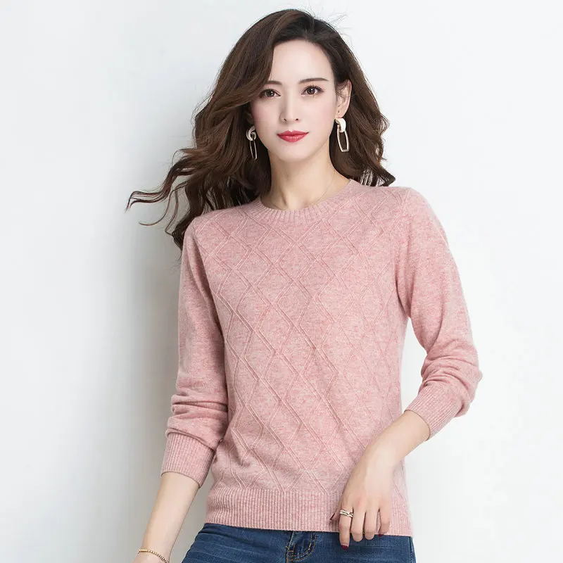 

Woman Sheep Cashmere Pullover Sweater Pure Soft Warm Thin Goat Wool Knitwear Women O-neck Sculptured Textured Knit Pull Top 2019