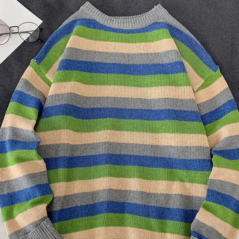 Autumn New Striped Sweater Men Fashion Contrast Color Casual Knit Sweaters Man Sweter Clothes Loose Long-sleeved Pullover Men