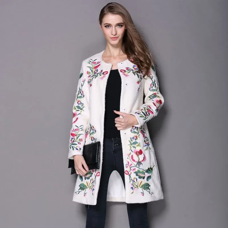 Winter Women Ethnic Flower Embroidery Wool Blends Long Trench Coat Ladies Slim Fit Woolen Outwear Jackets Abrigo Mujer Overcoat