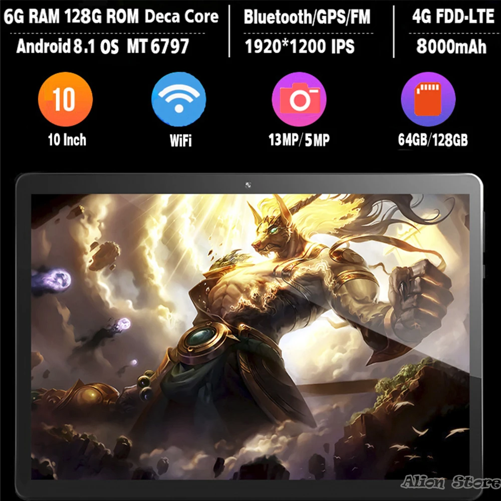 10 дюймов 1920*1200 HD 2.5D Закаленное стекло планшетный ПК Восьмиядерный 4G планшетный ПК 6 ГБ ОЗУ 128 Гб ПЗУ Две камеры Android 8,1 планшеты 10,1