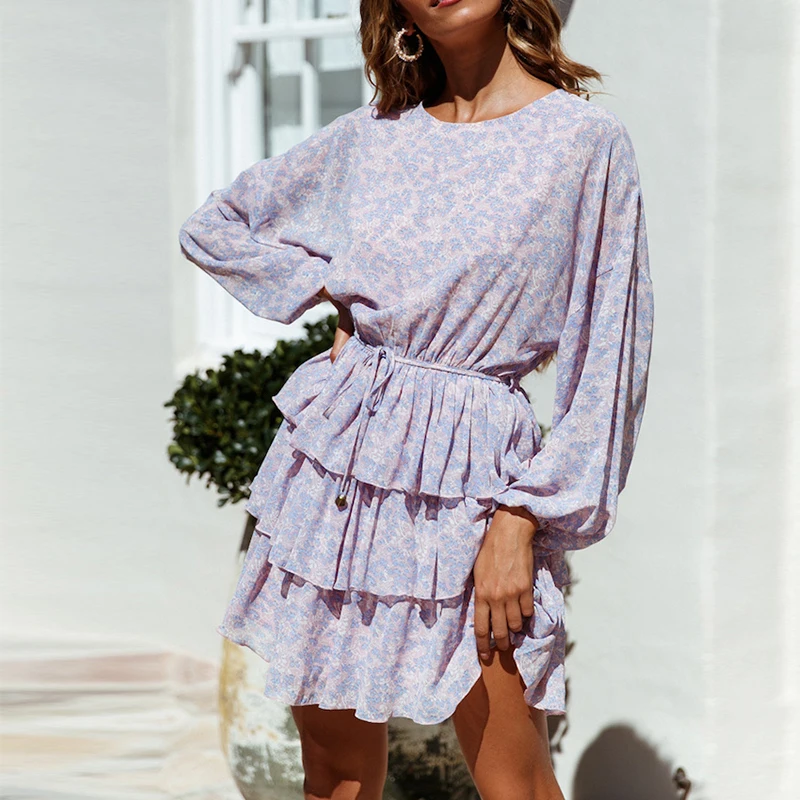 

Spring Boho Backless Floral Dress Women Cascading Ruffle Open Back Flower Print Dress Female Long Sleeve Holiday Party Vetidos