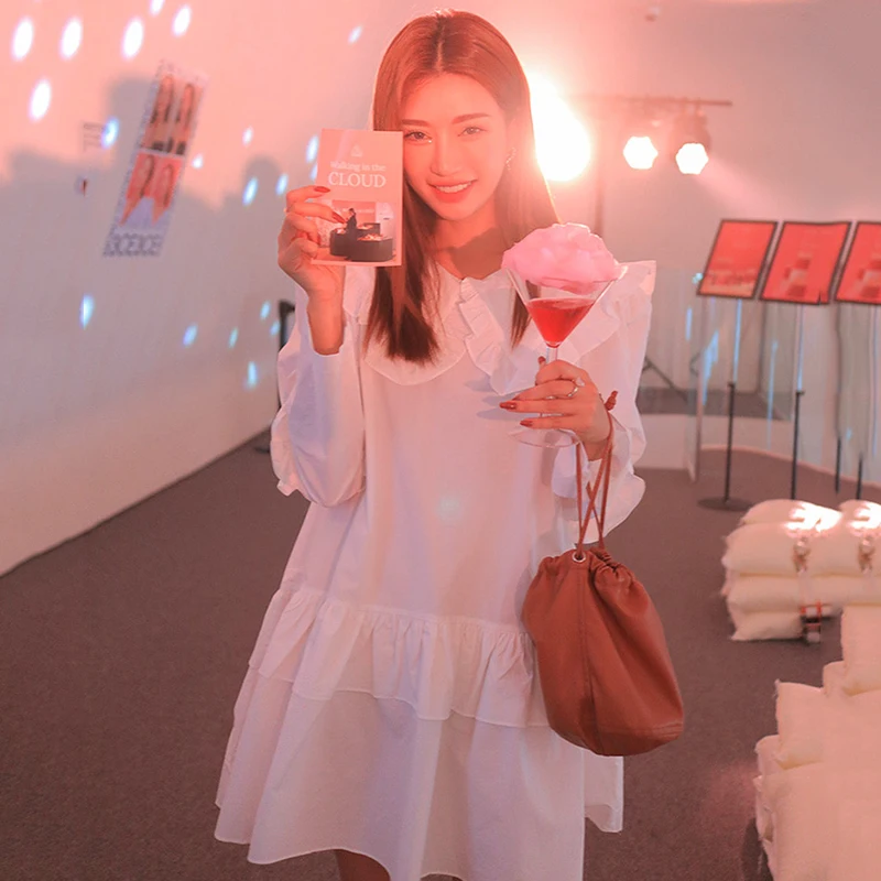 

Lolita Look White Dress One Piece Autumn Big Collar Ruched Hem Ruffles Short Dress Robe Femme Vestido Mujer Vestiti