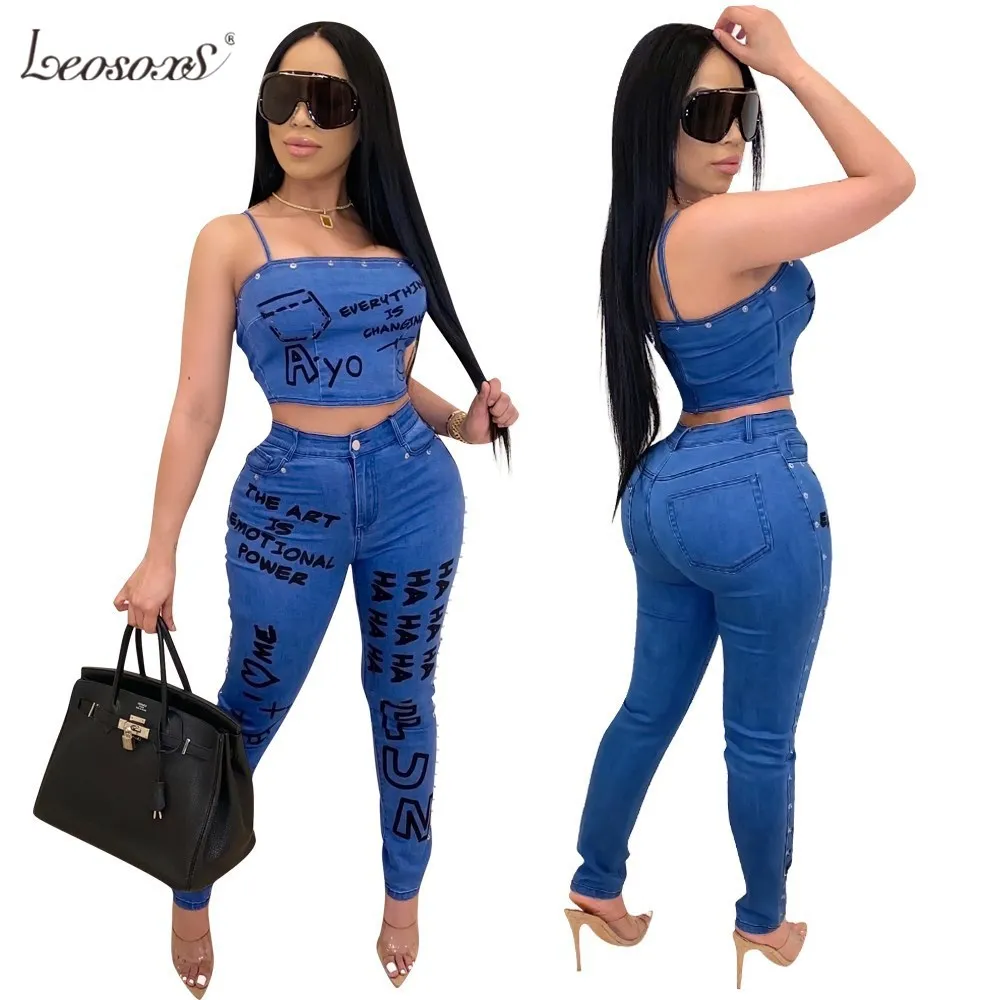 

Club Party Letter Print Fake Jean Women Set Two Piece Set Tracksuits Crop Top Jogger Sweatpants Suit Outfit Matching Set