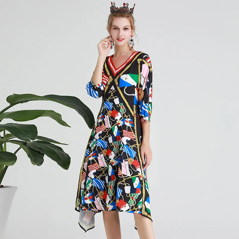 HUAYIMENGYI Sexy Summer Three Quarter Sleeve Print Black Dresses V Neck Elegant Casual Women Middle Irregularity Party Dress