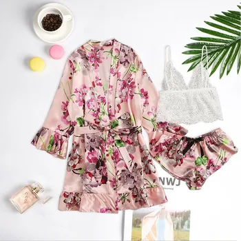 

2020 New Style Satin Silk Pajamas Fashon Female Obe & Gown Sets Lace Lingerie Sleepwear Women Underwear Nightwear #3