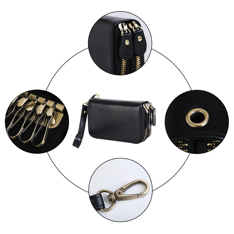 Cartera de cuero de grano completo Retro de cuero genuino pequeuna cartera de doble cremallera bolsillo llavero Mini monedero