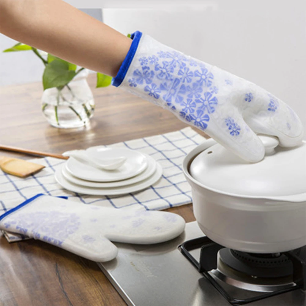 

1 Piece Microwave Glove Lengthened floral cotton gloves BBQ Baking Hot Pot Mitts Cooking Heat Resistant Kitchen Mittens