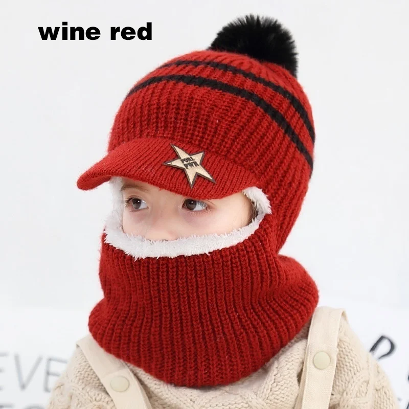 1 шт., зимняя ветрозащитная многофункциональная вязаная шерстяная шапка унисекс с помпоном для мальчиков и девочек, теплый шарф, Балаклава для защиты лица - Цвет: wine red