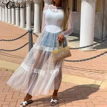

Celmia 2020 Summer Sundress Women Mesh Sheer Transparent Tulle Lace Maxi Long Dress Sexy See-through Party Beach Vestidos S-5XL