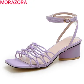 

MORAZORA Big size 34-43 fashion women sandals genuine leather ankle strap party shoes thick heels square toe ladies shoes