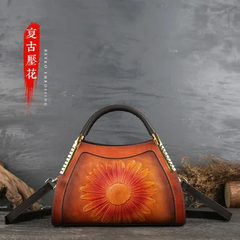 

The new handbag is slanted, female leather, fashion, leather, cowhide, sunflower, embossed Ms. Fugu handbag