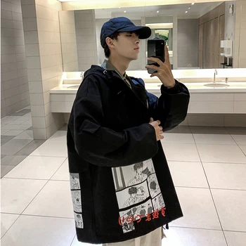 

2019 Hong Style Autumn And Winter New Fashion Casual Comic Print Windbreaker Jacket Large Size Shirt Black / Gray M-2XL