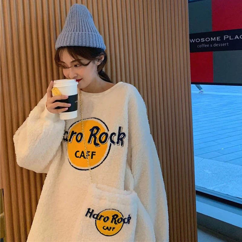 

Женский утепленный свитшот в стиле Харадзюку, повседневный теплый пуловер свободного покроя с круглым вырезом и карманами, 2021