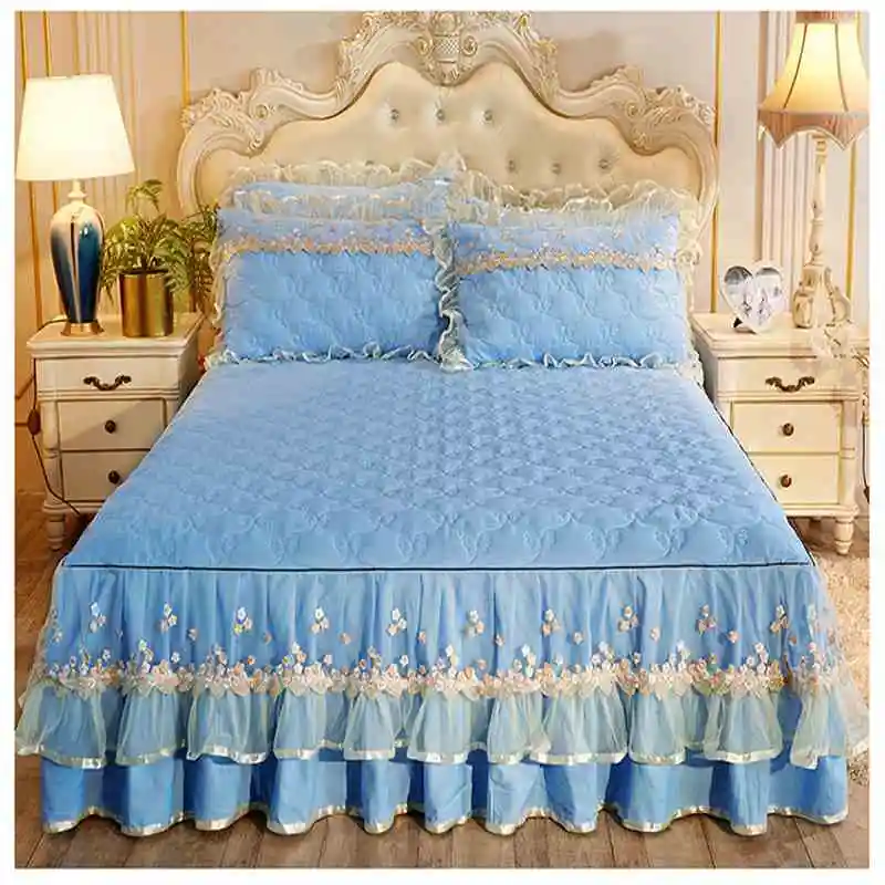 Синий фиолетовый кружевной постельный комплект постельное белье для принцессы наматрасник толстый твердый покрывала постельные простыни для девочки
