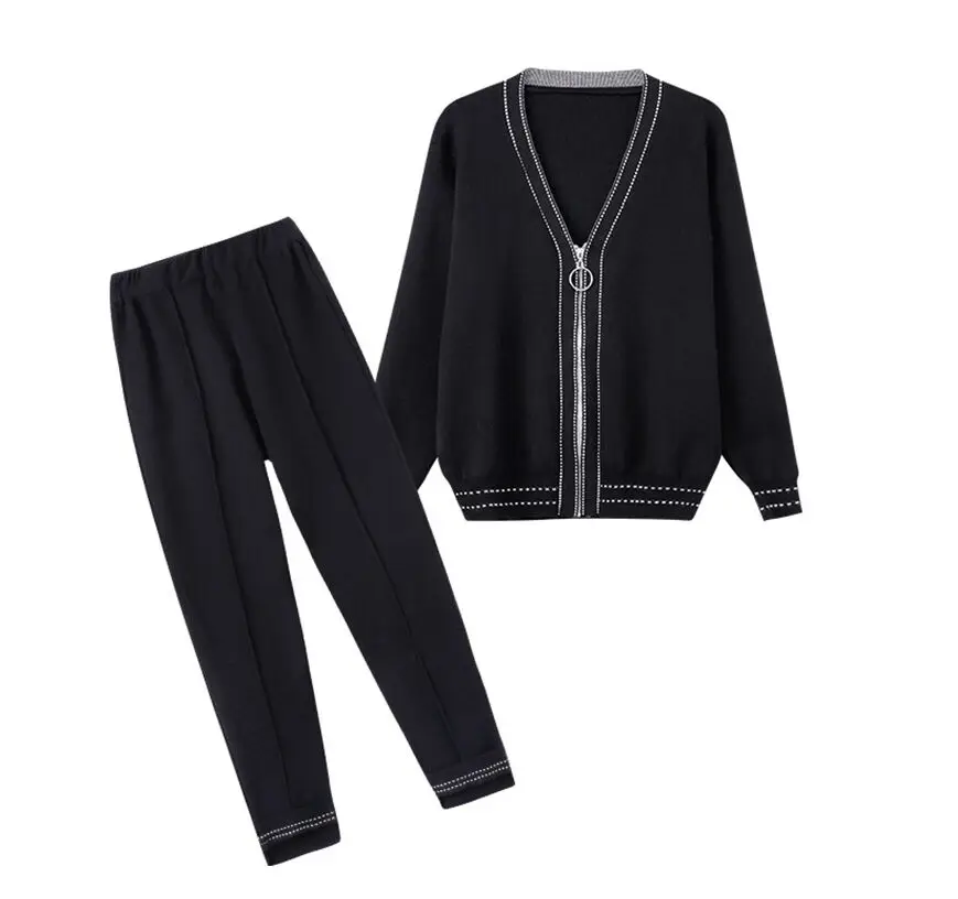 

Knit Striped Long Sleeve Zippers Sweaters Tops+Elastic High Waist Knit Pants Women Fashion Autumn Winter Clothing 2 Pieces Sets