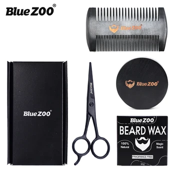 

Blue ZOO 4Pcs/Set Men's Beard Care Kit Male Shaving Tool Sets With Beard Brush Wooden Comb Stainless Steel Scissor Beard Wax