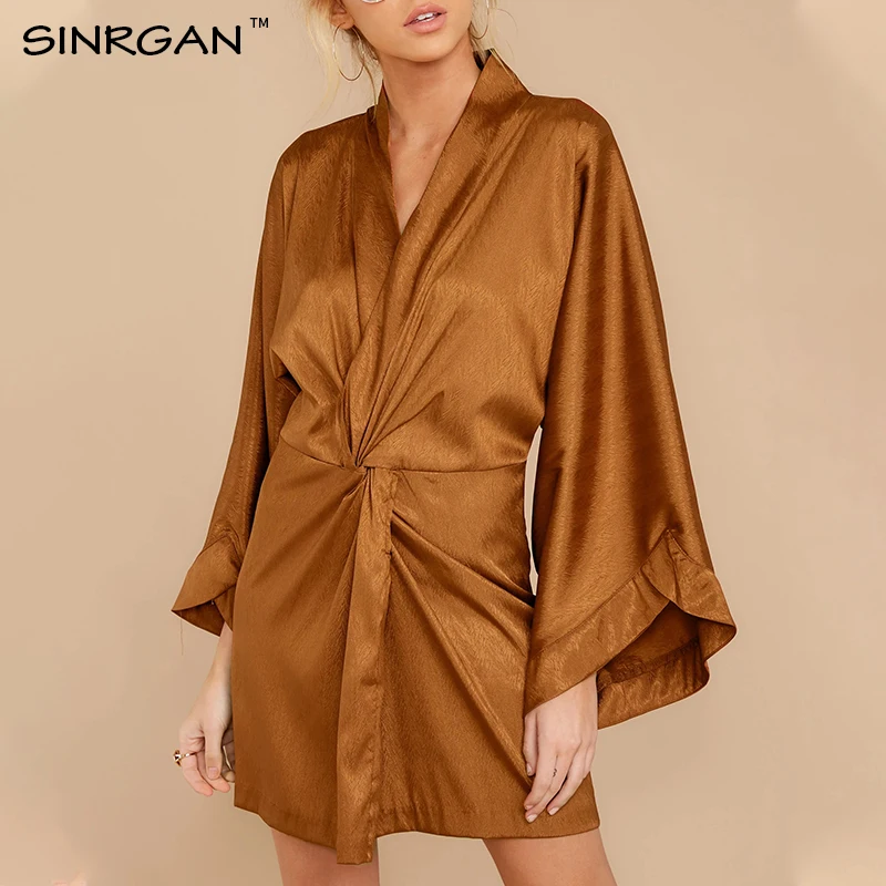 SINRGAN новый дизайн 2020 модное атласное платье с запахом женский халат широкий