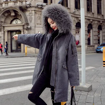 

Long Denim Jacket With Big Fur Collar Womens Winter Coats Parka Hooded Down Cotton Thick Warm Outerwear Female chaqueta mujer