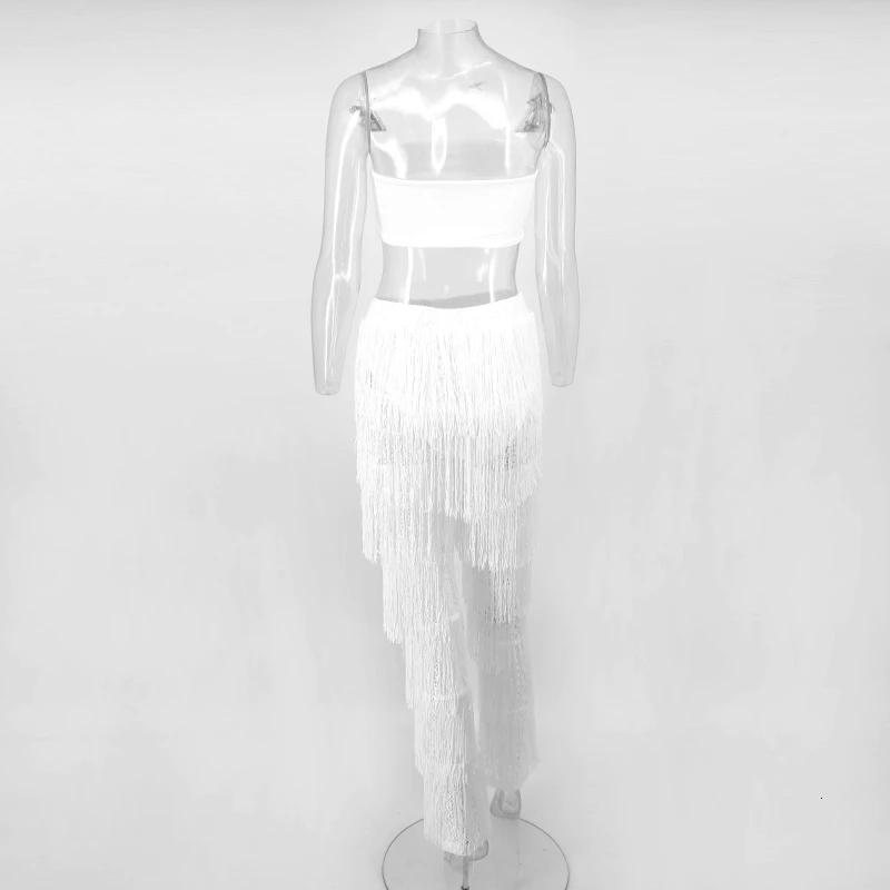 Bandage Women Set Sleeveless White Two Piece Set Top And Pants 2 Piece Set Women Chiffon Tassel Two Piece For Women Fringe Sets