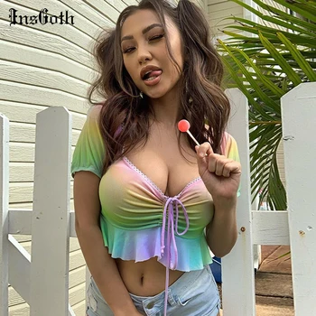 

InsGoth Sexy Bodycon Women Tees T-shirts Lotus Leaf Lace Up Short Sleeve Tops Streetwear Fashion V-neck Summer Tops