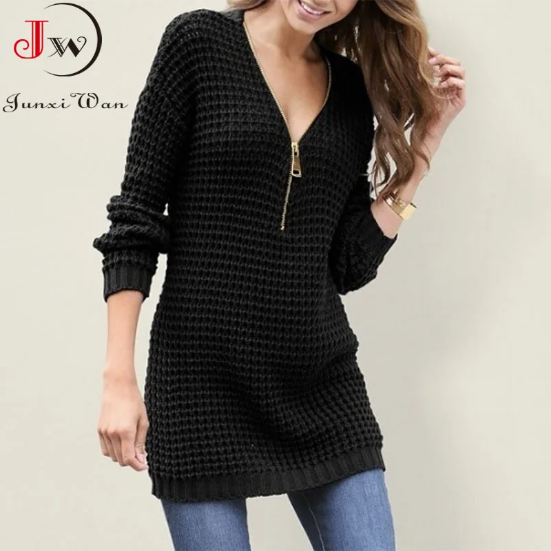 

Women Long Sweater V Neck Zipper Dress Warm Autumn Winter Clothes Knitwear 3XL Pullover Jumper