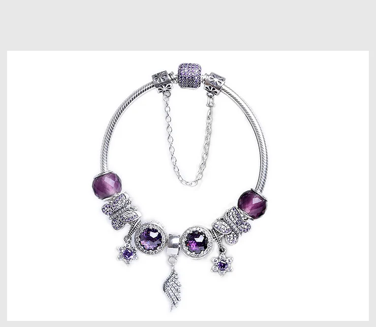 

Kristie Shop High Quality 1:1 100% 925 Purple Silver Butterfly Safety Chain Bead Bracelet Gift Preferred Free Packaging