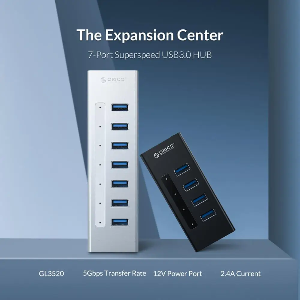  ORICO USB HUB soporte BC1.2 carga aluminio 4 puertos USB3.0 divisor con 12V2A adaptador de corrient