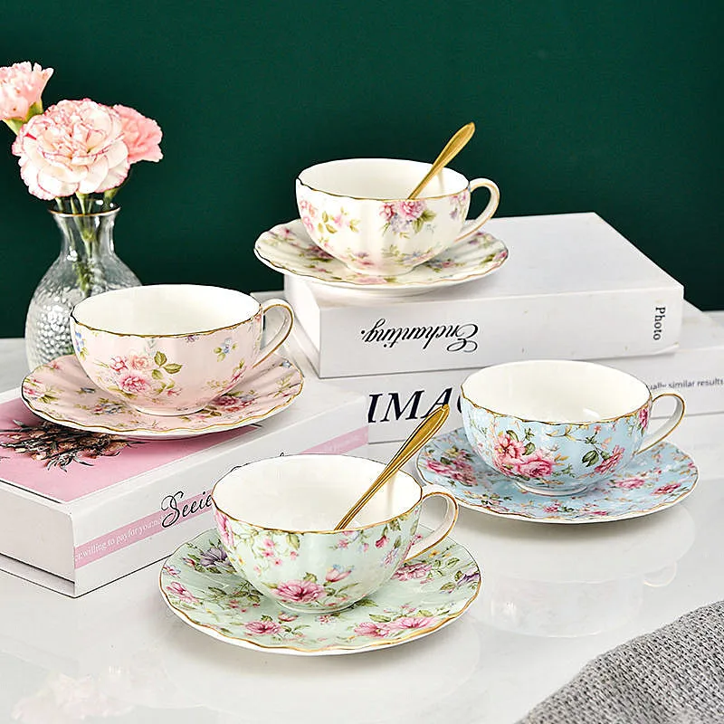 

Bone China Coffee Cup and Spoon Set, English Afternoon Tea, Porcelain Cup, Gift