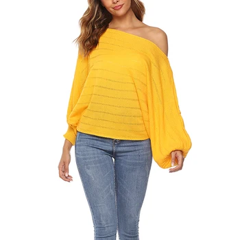 

Knitting sweater fashion Solid Color Women Sweater Slash Neck Off-shoulder Coat Long-sleeved Loose Hood