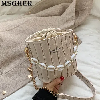 

MSGHER Stone Grain Bucket Women Bag Leather Metal Patchwork Wristband Letters Temperament Joker New Style Girl Bag WB2918